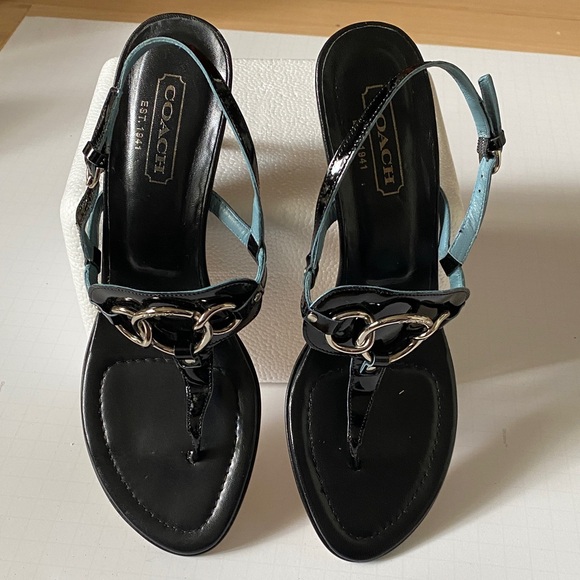 Coach Black Patent Leather T-Strap Sandals with Light Blue Straps - Picture 2 of 6